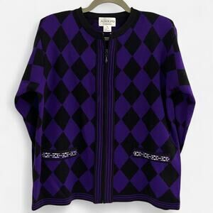 Vintage 80s/90s Adolfo Collectibles Purple + Black Harlequin Argyle Sweater